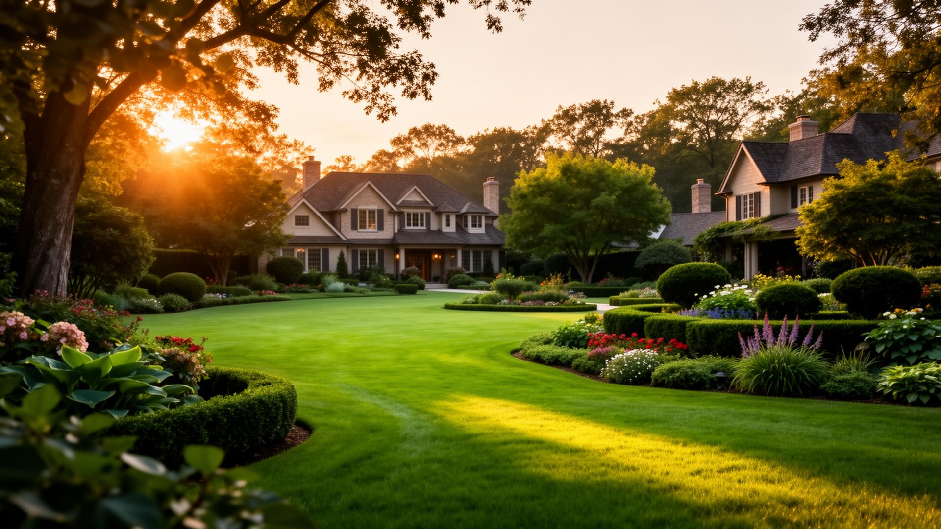 Beautifully maintained estate lawn at golden hour